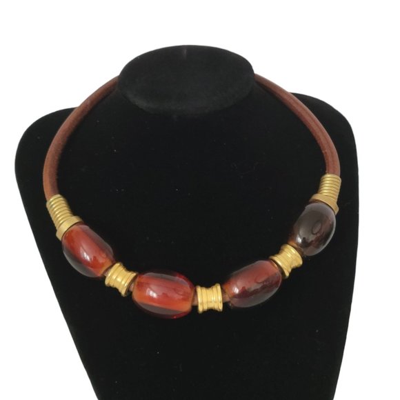 Corded Choker 14" Necklace Brown Plastic Beads Gold Tone Accents Hook Close - Picture 2 of 5